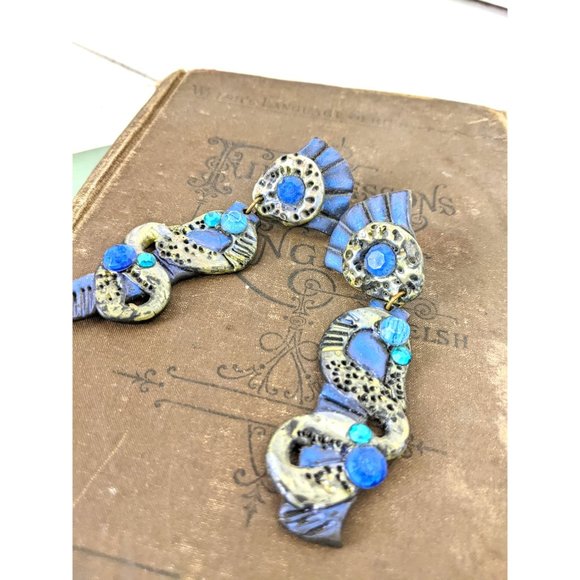 Vintage blue silver long jeweled clay long dangle clip on earrings - Picture 3 of 4